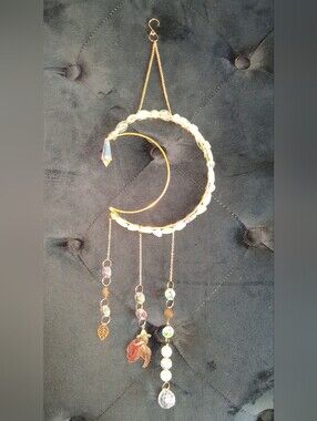 Gold Moon Crystal Suncatcher-Iridescent Bead Accent With Fish And Leaf. Handmade